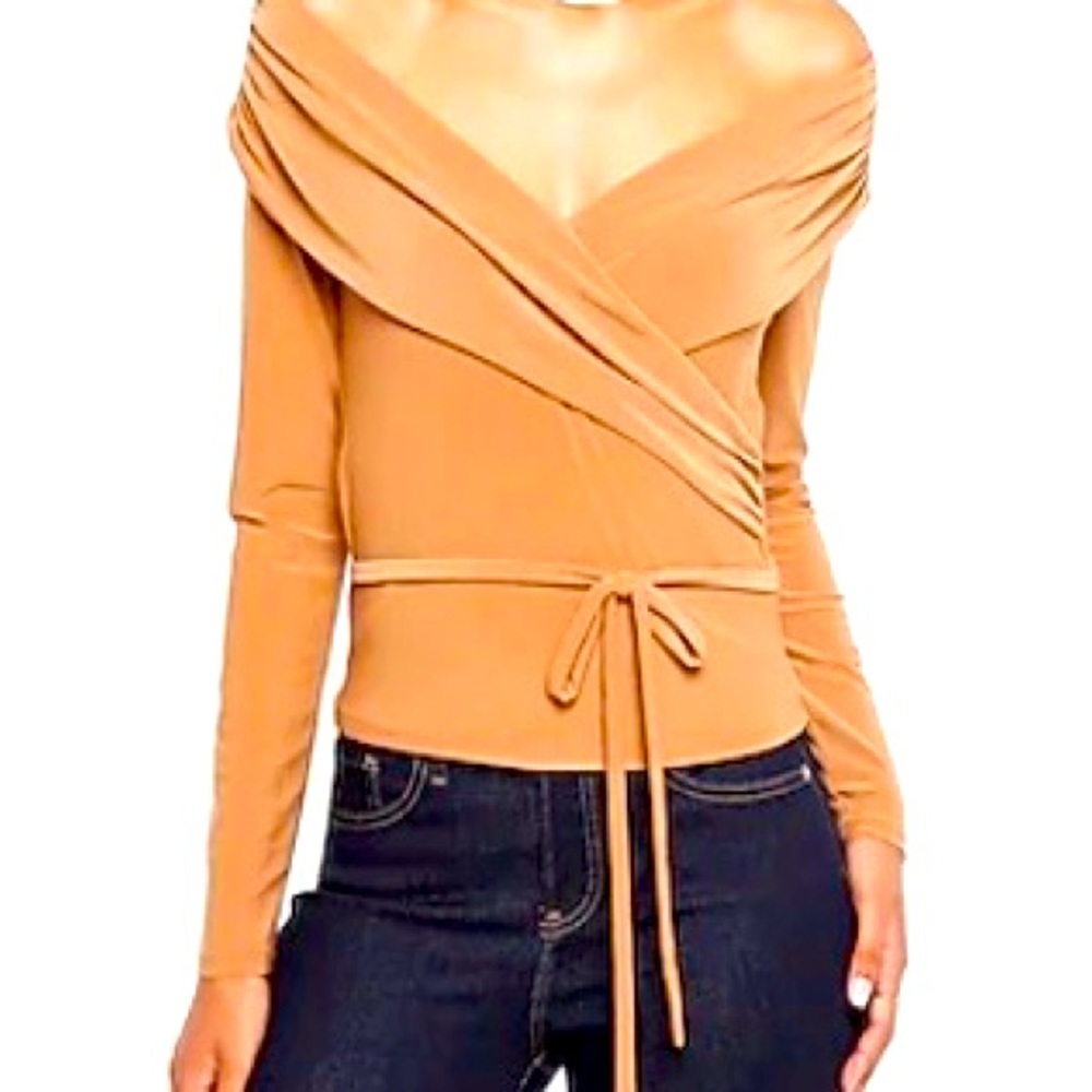 Express; Butterscotch off the shoulder wrap top